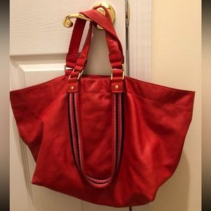 Boden REAL LEATHER Red Shoulder Bag with Polka Dot Lining and Dual Handle